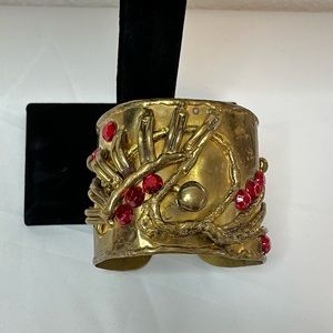 Vintage Made in India Brass Cuff Bracelet W/Red Faux Faceted Gems